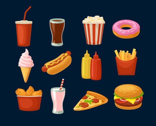 Set fast food icon. Cup cola, hamburger, pizza fried chicken legs Set fast food icon. Cup cola, donut, ice cream, milkshake, hamburger, pizza, chicken legs, hotdog, fry potato, popcorn, ketchup. Isolated dark background. Vector flat color illustration. For takeaway fast food restaurant stock illustrations