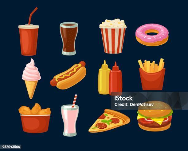 Set Fast Food Icon Cup Cola Hamburger Pizza Fried Chicken Legs Stock Illustration - Download Image Now