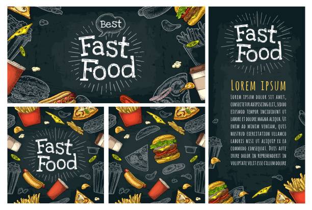 Posters and seamless pattern fast food and lettering. Posters and seamless pattern fast food and lettering. Cup cola, coffee, chips, hamburger, pizza, hotdog, fry potato paper box, carton bucket popcorn. Vector vintage color engraving on dark background full term stock illustrations