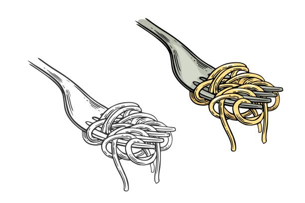 stockillustraties, clipart, cartoons en iconen met spaghetti op vork. vector vintage gravure - spaghetti