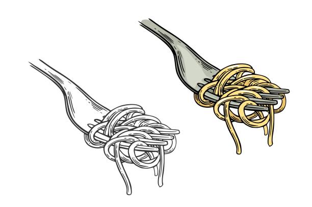 ilustrações de stock, clip art, desenhos animados e ícones de spaghetti on fork. vector vintage engraving - spaghetti