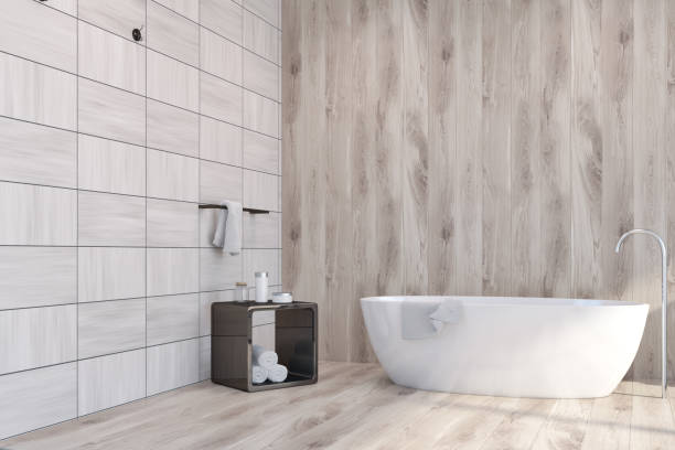 istock Wooden tiles bathroom corner, bathtub 952043786