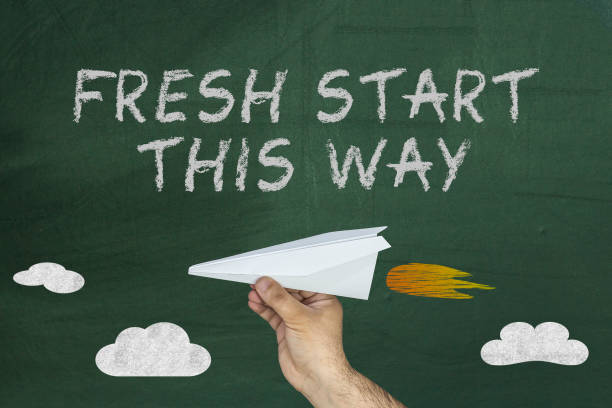 istock Flying plane and Fresh start this way concept on green blackboard 952044038