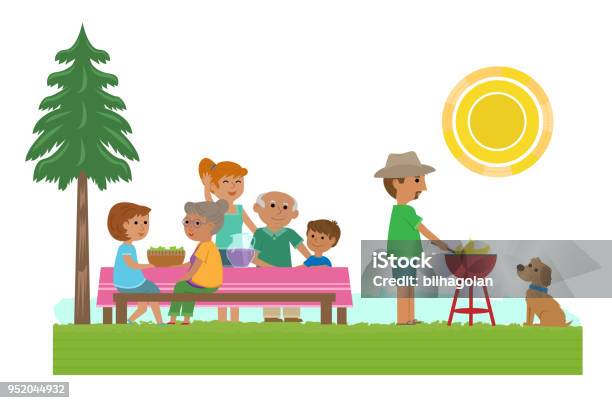 Picnic Time Stock Illustration - Download Image Now - Picnic Table, Outdoors, Family