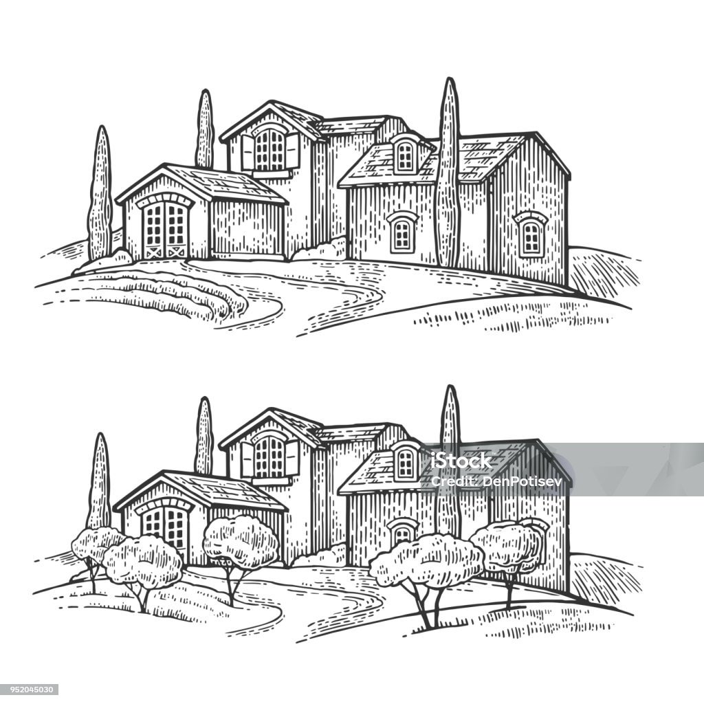 Rural landscape with villa or farm with field, olive tree and cypress Rural landscape with villa or farm with field, olive tree and cypress. Vector engraving vintage black illustration. Isolated on white background. Illustration stock vector