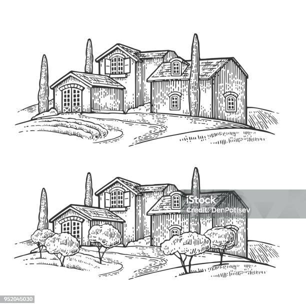 Rural Landscape With Villa Or Farm With Field Olive Tree And Cypress Stock Illustration - Download Image Now