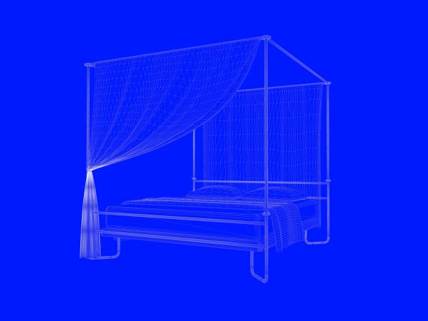 istock 3d rendering of a bed blueprint as lines on a blue background 952045620