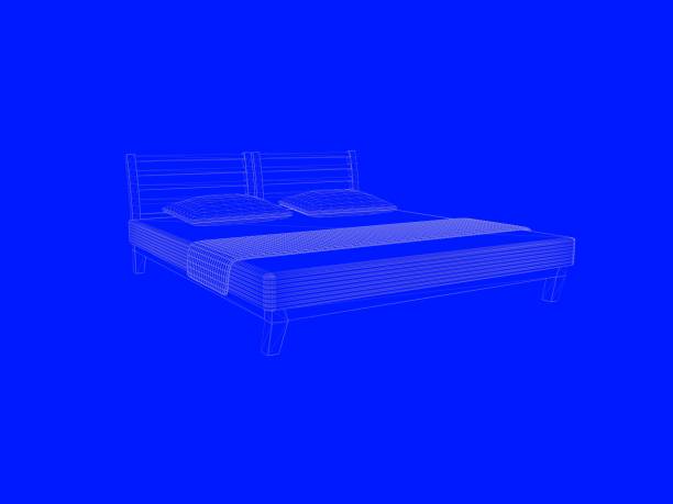 istock 3d rendering of a bed blueprint as lines on a blue background 952046324