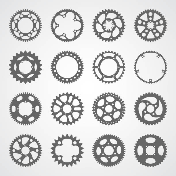 illustrazioni stock, clip art, cartoni animati e icone di tendenza di set di 16 ingranaggi e ingranaggi isolati - bicycle gear