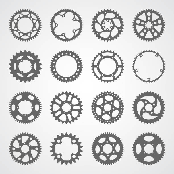 16 고립 된 기어 및 톱니 세트 - bicycle gear 이미지 stock illustrations