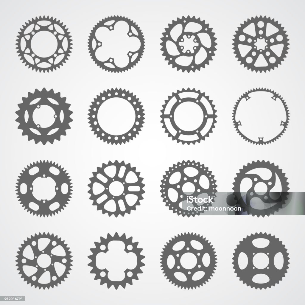 Set of 16 isolated gears and cogs Gear icon set. 16 vector cog wheel silhouettes isolated on white background. Gears collection for logo, app buttons or infographic. Bicycle stock vector