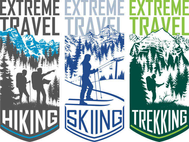 ilustraciones, imágenes clip art, dibujos animados e iconos de stock de conjunto de vector de ilustración de flayer de viajes trekking esquí de excursionismo - skiing snow couple mountain