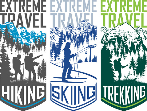 set of vector hiking skiing trekking  travel flayer illustration