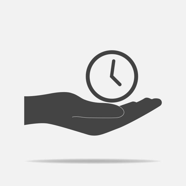 Vector icon of a hand holding a clock. Flat hand design and watch. Vector icon of a hand holding a clock. Flat hand design and watch. patience stock illustrations