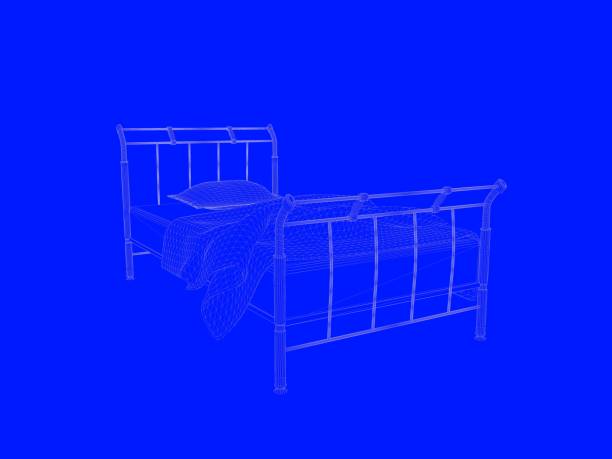 istock 3d rendering of a bed blueprint as lines on a blue background 952051290