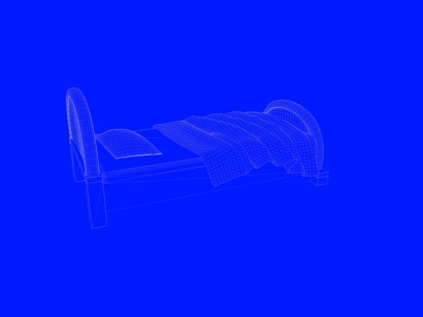 istock 3d rendering of a bed blueprint as lines on a blue background 952051420