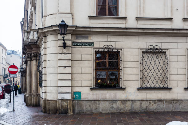 Typical classical building in downtown Krakow, Poland, during a rainy day..
