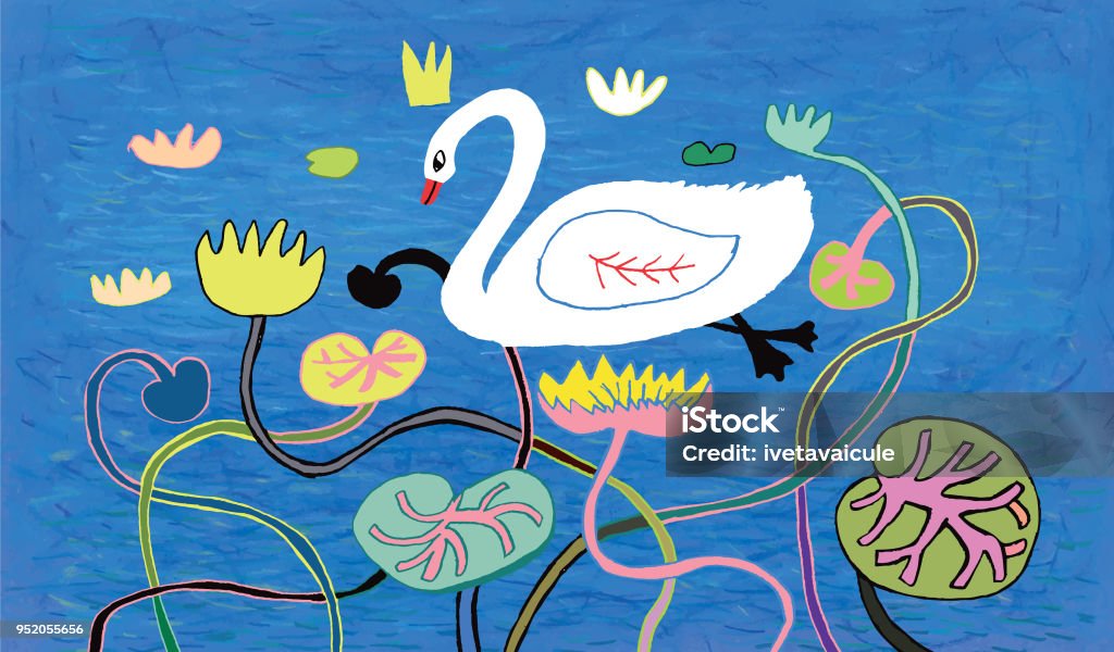 Swan on colourful background Collage of hand drawn bird on colourful background surrounded by water lilies Drawing - Art Product stock vector