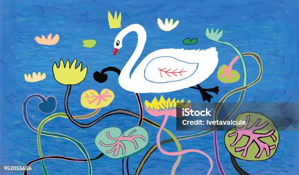 Swan On Colourful Background Stock Illustration - Download Image Now - Drawing - Art Product, Lotus Water Lily, Nature