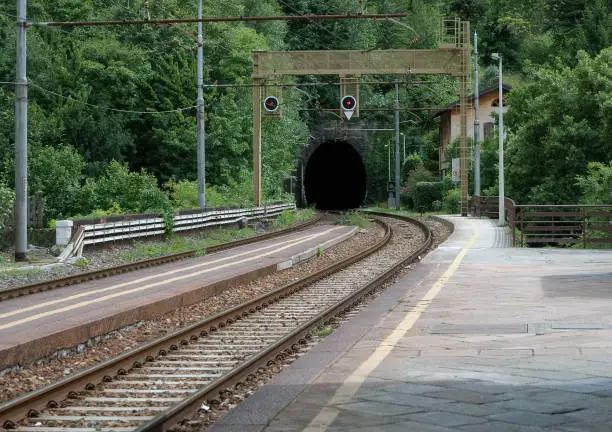 Train tracks with a tunnel entrance, warning lights and partial platform.