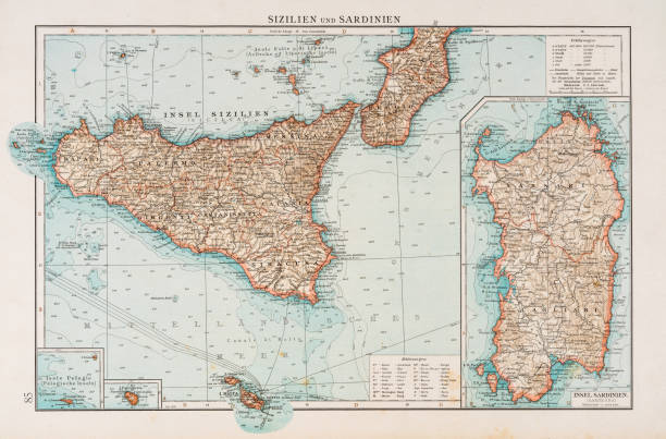illustrazioni stock, clip art, cartoni animati e icone di tendenza di mappa sardegna e sicilia 1896 - sardegna