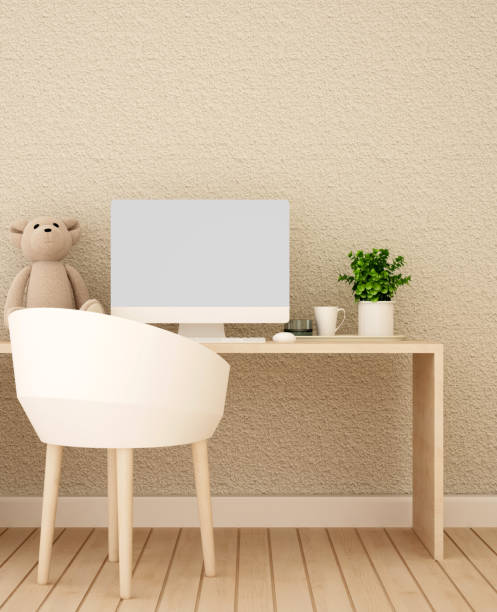 istock Study room and sandstone walll decorate for artwork - Study area or workplace of  kid room in home or apartment - 3D Rendering 952059772