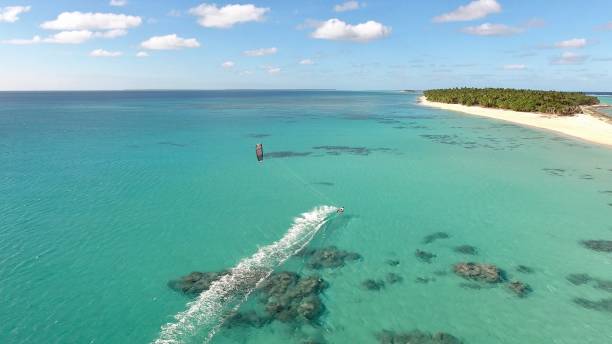 Aerial view Tonga Island Kite surfing stock photo