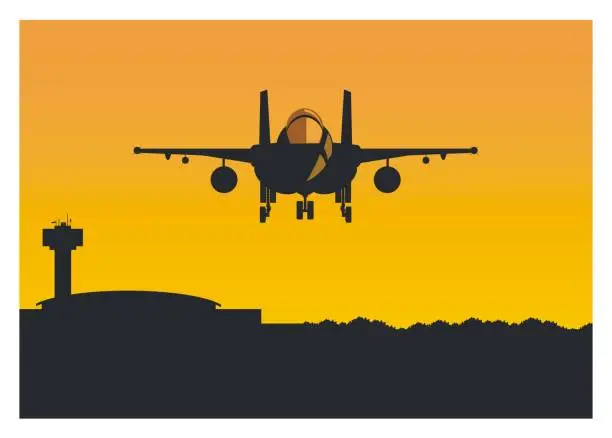 Vector illustration of fighter jet plane flying over the airport