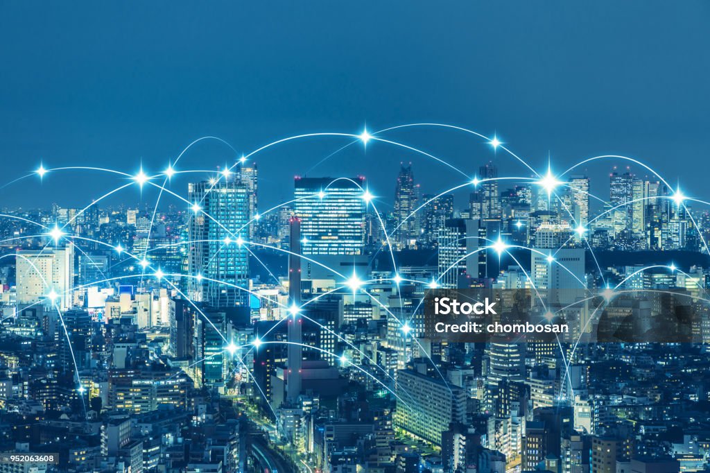 Communication network of urban city. Smart city. Internet of Things. IoT. City Stock Photo