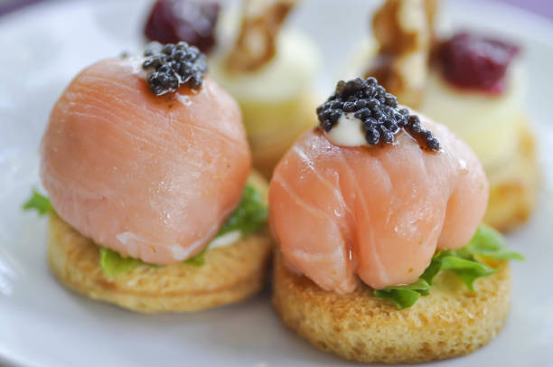 istock salmon canape or bread with salmon and caviar 952070228