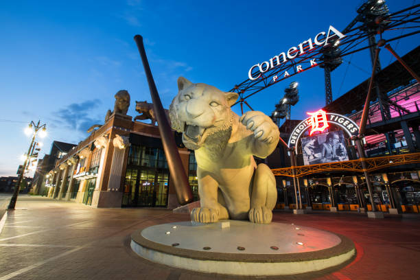 Comerica Park in Detroit, Michigan Detroit, Michigan, USA - July 30, 2017:  Comerica Park in Detroit, Michigan hosts Major League Baseball's Detroit Tigers baseball team.  It is located on one of the major North South arteries in the City, Woodward Avenue and is a part of the overall renaissance Detroit is currently undergoing since its bankruptcy several years ago. detroit tigers stock pictures, royalty-free photos & images