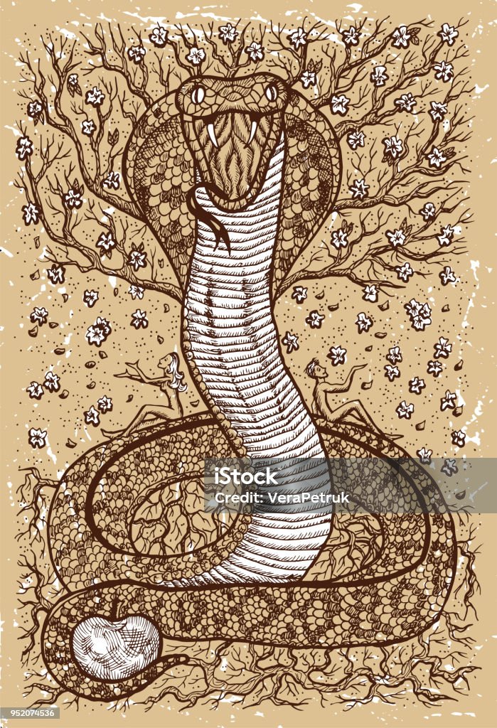 Snake symbol with Eve, Adam, tree of knowledge and flowers on old texture background Fantasy engraved illustration. Zodiac animals of eastern calendar, mysterious concept Eve - Biblical Figure stock vector