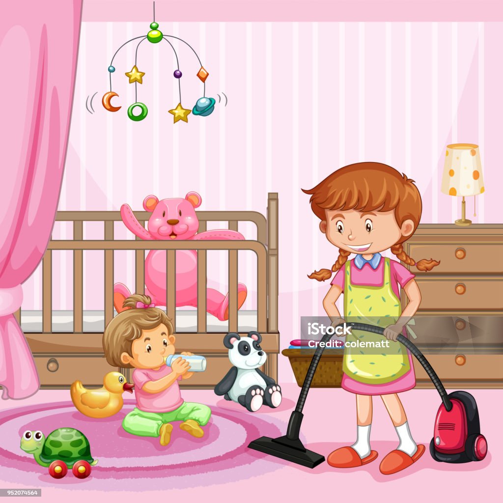 Mother Cleaning a Baby Room Mother Cleaning a Baby Room illustration Adult stock vector