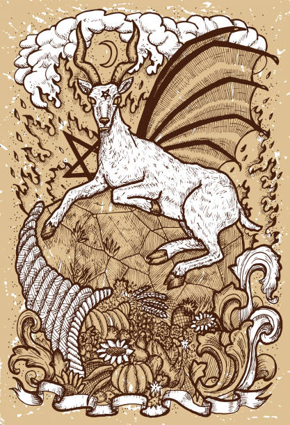 Goat symbol with horn of abundance, hell fire and diabolic sign - pentagram on old texture background Fantasy engraved illustration. Zodiac animals of eastern calendar, mysterious concept satan goat stock illustrations