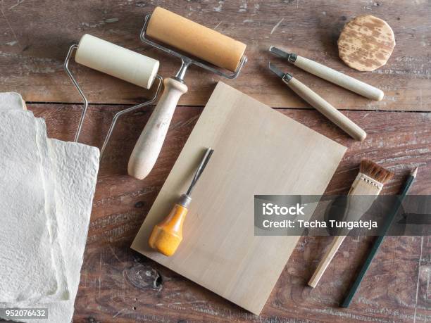 Woodcut Art Tools Stock Photo - Download Image Now - Printmaking Technique, Work Tool, Art