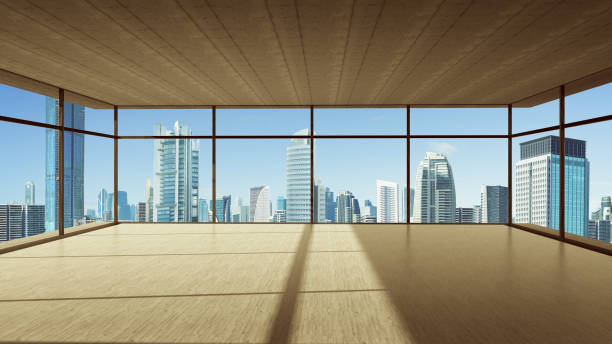 istock Perspective view of empty wood floor and cement ceiling interior 952079788