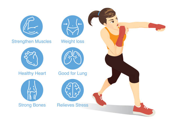 Benefits of cardio workout with boxer woman. Woman tried a boxing workout with data and icon of benefits of cardio workout. relieves stock illustrations