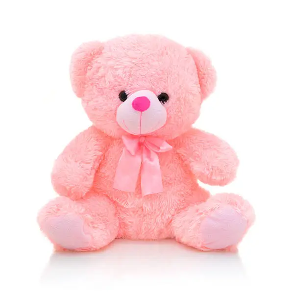 Photo of Cute pink bear doll with bow isolated on white background with shadow reflection. Playful bright pink bear sitting on white underlay. Teddy bear plush stuffed puppet with ribbon on white backdrop.