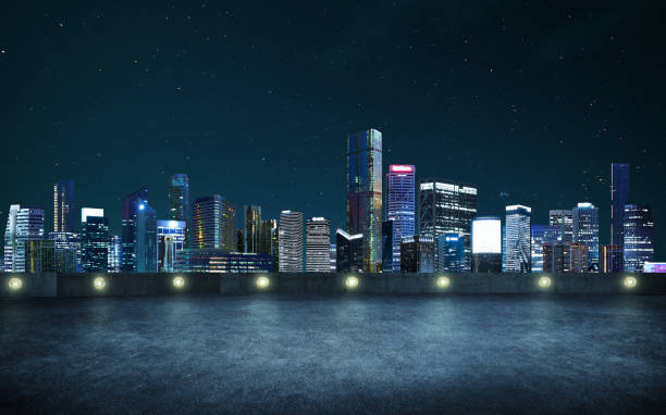 Empty asphalt roof top with modern city skyline