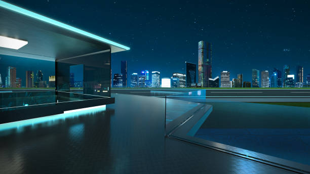 istock 3D rendering of a modern glass balcony with city skyline 952083210