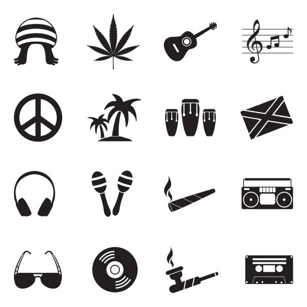 ilustraciones, imágenes clip art, dibujos animados e iconos de stock de iconos del reggae. diseño plano negro. ilustración de vector. - peace on earth audio