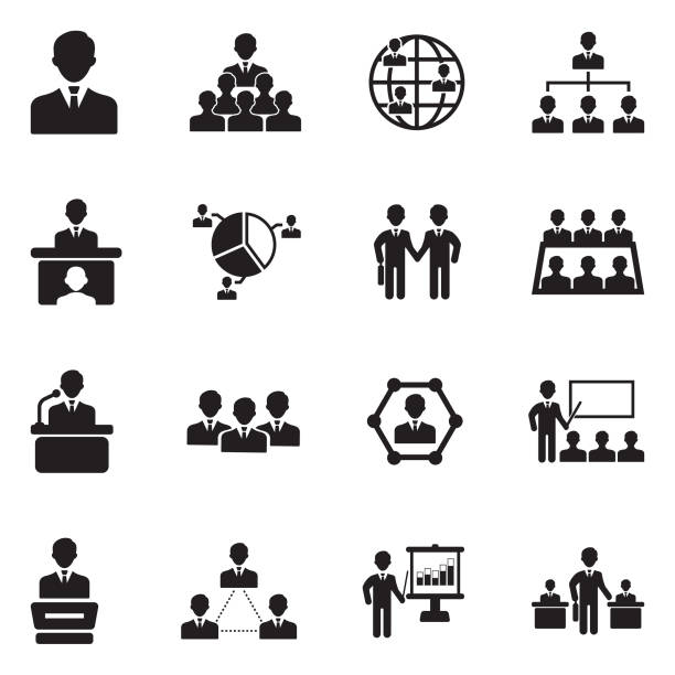 Conference, Business And Management Icons. Black Flat Design. Vector Illustration. Business, Office, Conference Room, Meeting, Seminar ceo stock illustrations