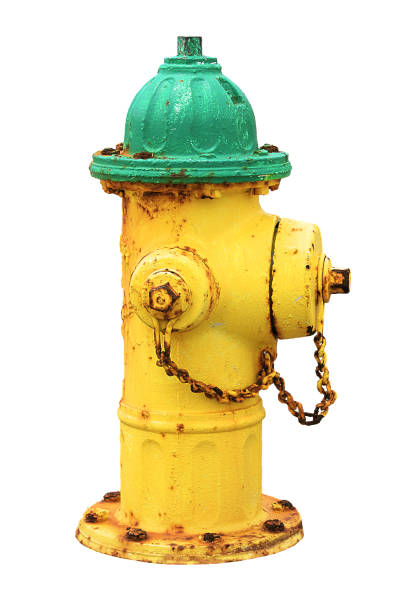 istock Yellow green old rusty american fire hydrant isolated on white background.  Yellow and green hydrant water. 952085196