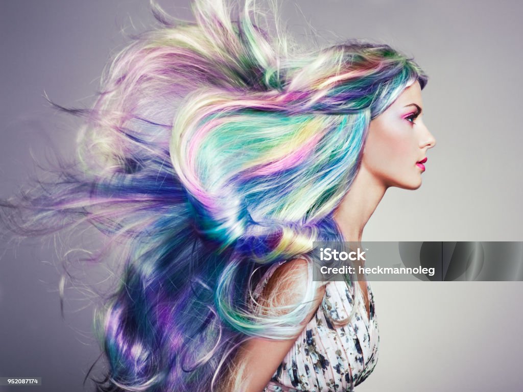 Beauty fashion model girl with colorful dyed hair Beauty Fashion Model Girl with Colorful Dyed Hair. Girl with perfect Makeup and Hairstyle. Model with perfect Healthy Dyed Hair. Rainbow Hairstyles Hair Stock Photo