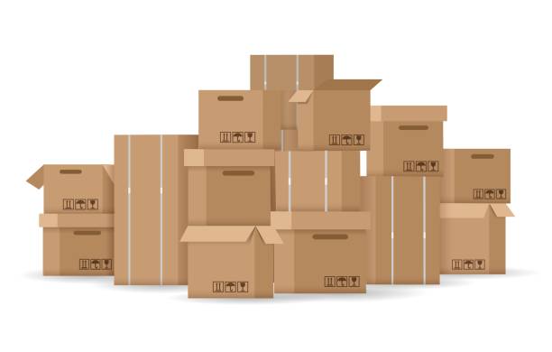 ilustrações de stock, clip art, desenhos animados e ícones de brown stacked cardboard boxes - medium group of animals illustrations