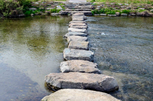 pierres de gué sur le flux de jeonju-cheon à jeonju, en corée du sud - stepping stone stone stepping footpath photos et images de collection