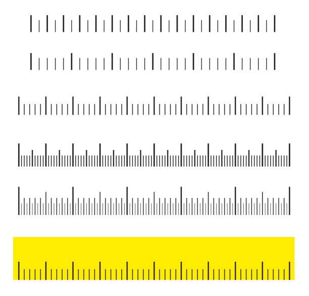 単位の距離。黒のスケール、定規のマークアップ。別の測定単位。ベクトルの図。創造的なベクトル図に孤立した背景を設定します。別の単位の距離。黄色の定規 - 巻き尺点のイラスト素材／クリップアート素材／マンガ素材／アイコン素材