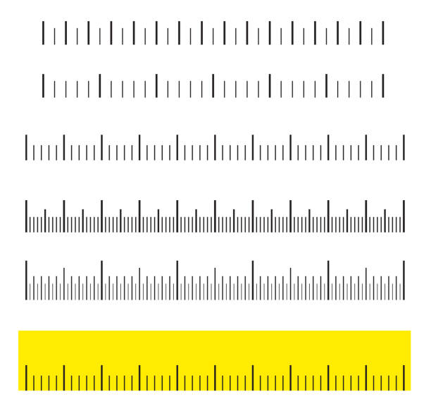 ilustrații de stoc cu distanțele unităților. scară neagră, marcaj pentru rigle. diferite unități de măsură. ilustrație vectorială. ilustrația vectorială creativă este izolată pe fundal. distanțe diferite ale unităților. riglă galbenă - metru de croitorie