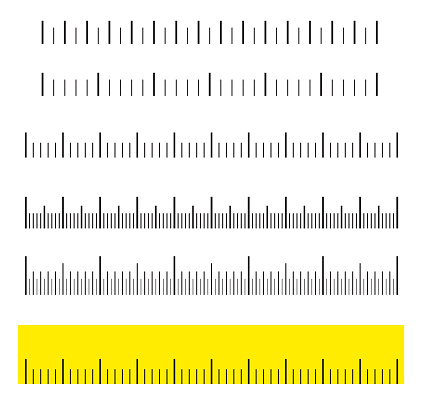 Black scale, markup for rulers. Different units of measurement. Vector illustration.Creative vector illustration set isolated on background. Different unit distances.Yellow ruler