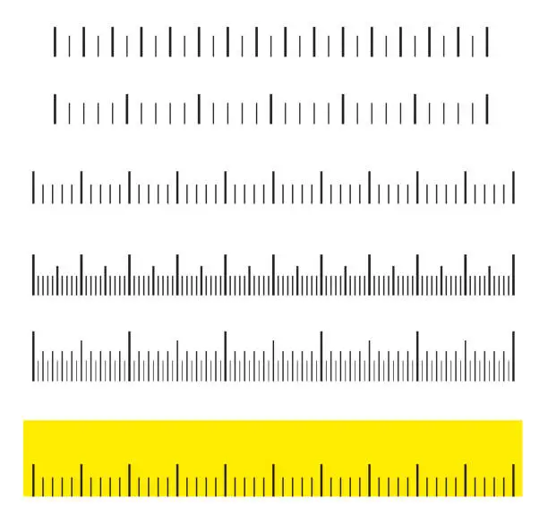 Vector illustration of Unit distances.Black scale, markup for rulers. Different units of measurement. Vector illustration.Creative vector illustration set isolated on background. Different unit distances.Yellow ruler